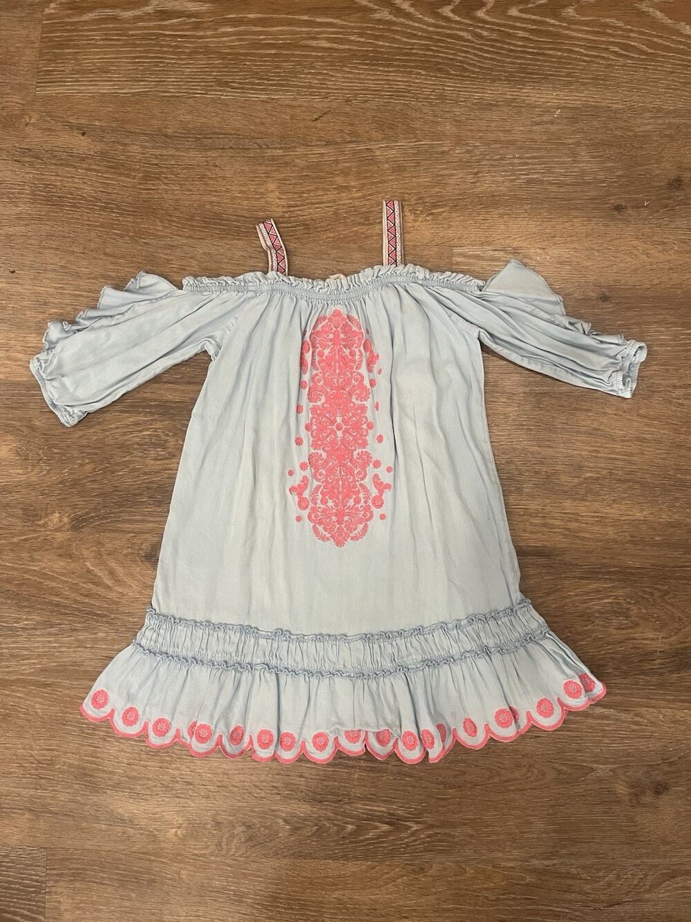 Hannah Banana Girls 7 Boho Off Shoulder Dress Blue Pink Embroidered Cold Shoulde